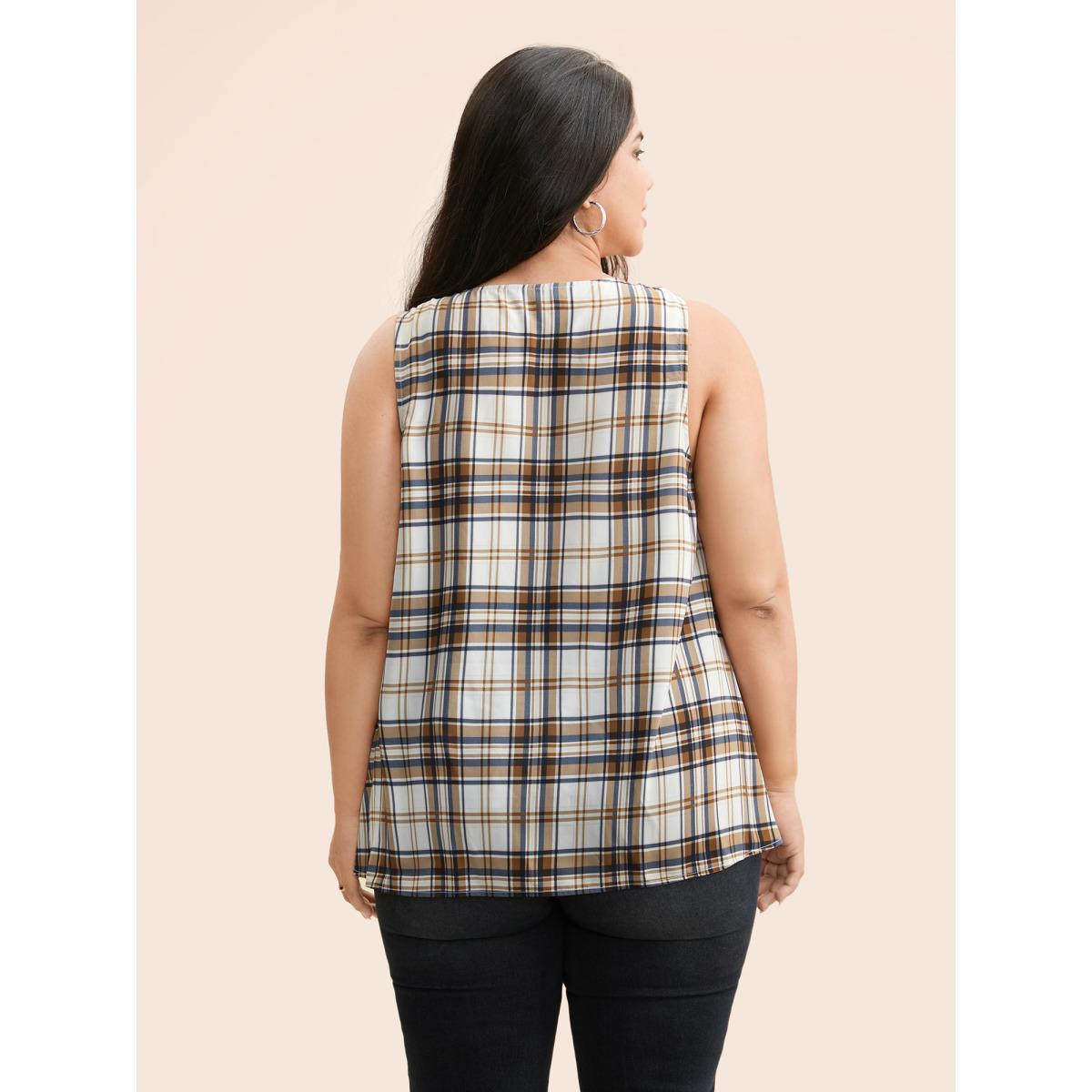 Plus Size Crew Neck Plaid Gathered Tank Top Women Multicolor Casual Gathered Ribbon-tied collar Everyday Tank Tops Camis BloomChic 22-24/3X Product Image
