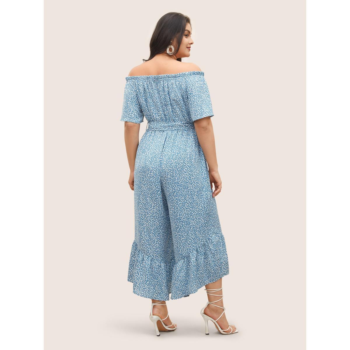 Plus Size LightBlue Polka Dot Off Shoulder Ruffles Belted Jumpsuit Women Resort Short sleeve One-shoulder neck Vacation Loose Jumpsuits BloomChic 18-20/2X Product Image