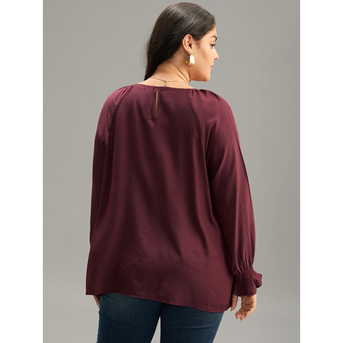 Plus Size Burgundy Supersoft Essentials Plain Plicated Detail Ruffle Trim Blouse Women Office Long Sleeve Round Neck Work Blouses BloomChic 12/L Product Image