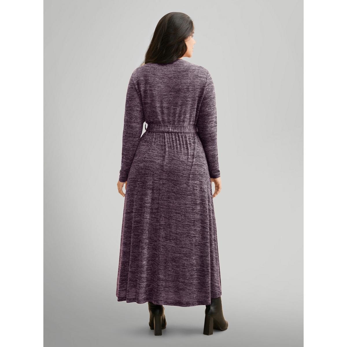Plus Size Round Neck Heather Belted Dress Deeppurplered Women At the Office Texture Round Neck Long Sleeve Curvy BloomChic 26/4X Product Image