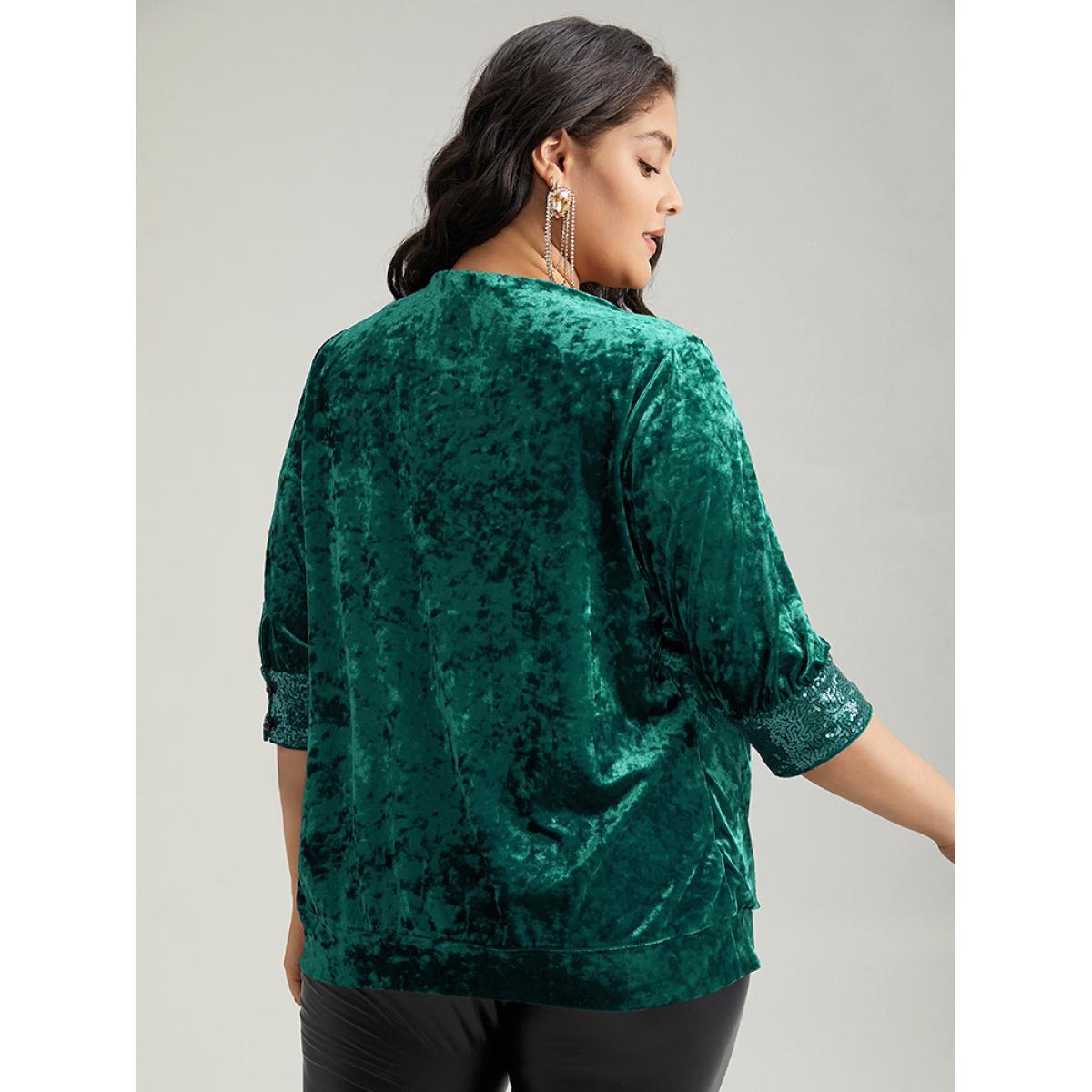 Plus Size Emerald Cowl Neck 2-In-1 Sequin Patchwork Blouse Women Cocktail Elbow-length sleeve Cowl Neck Party Blouses BloomChic 18-20/2X Product Image