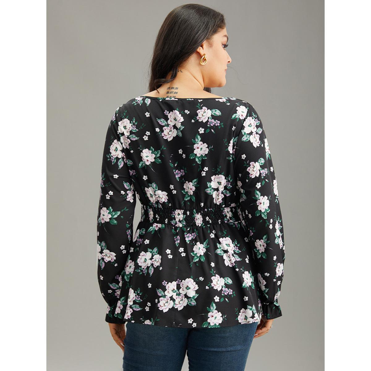 Plus Size Black Floral Square Neck Shirred Lantern Sleeve Blouse Women Elegant Long Sleeve Square Neck Dailywear Blouses BloomChic 12/L Product Image