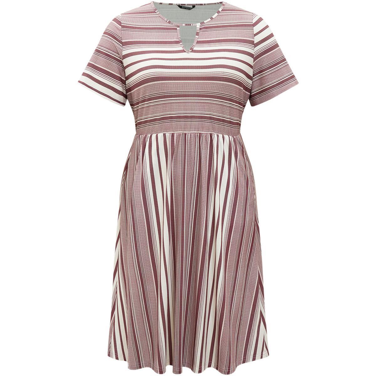 Plus Size Striped Pocket Elastic Waist Keyhole Dress Burgundy Women Casual Cut-Out Round Neck Short sleeve Curvy Midi Dress BloomChic 22-24/3X Product Image