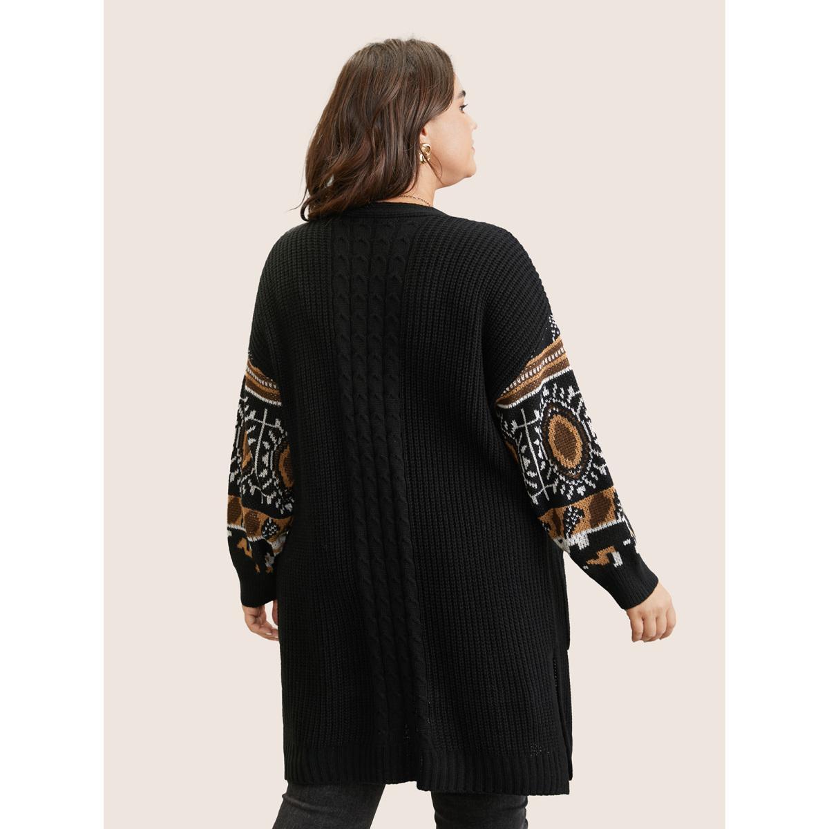 Plus Size Geometric Jacquard Patchwork Split Hem Cardigan Black Women Casual Loose Long Sleeve Everyday Cardigans BloomChic 12/L Product Image