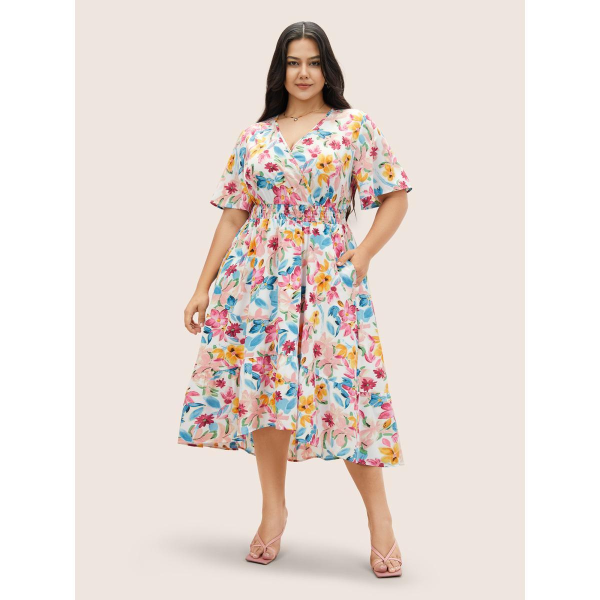 Plus Size Floral Overlap Collar Shirred Ruffle Sleeve Dress White Women Elegant Overlapping Overlap Collar Short sleeve Curvy BloomChic 18-20/2X Product Image