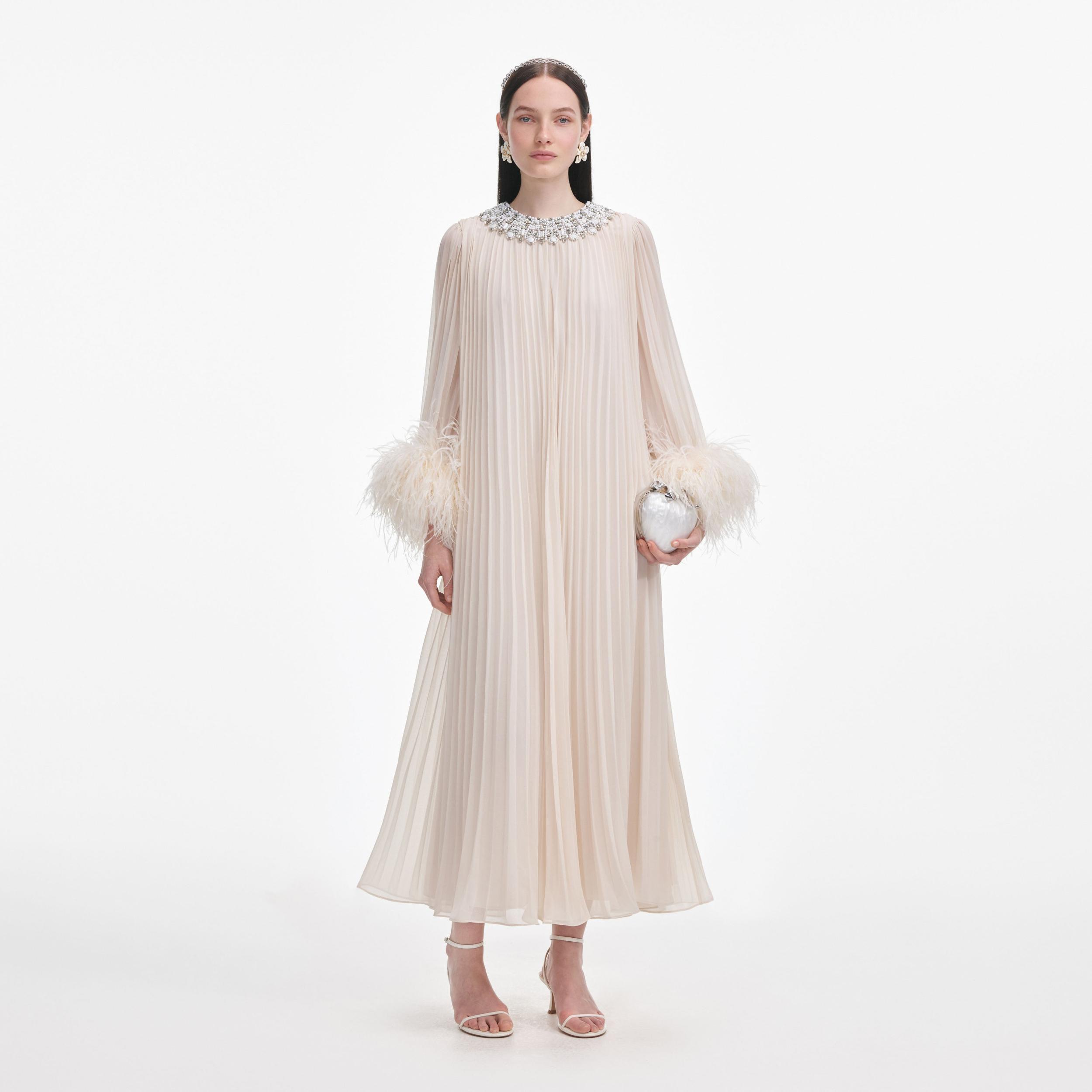 Cream Chiffon Feather Midi Dress Product Image