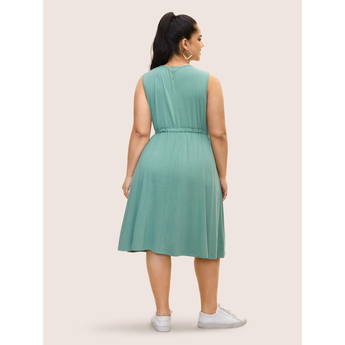Plus Size V Neck Drawstring Button Detail Pleated Dress Mint Women Casual Pleated V-neck Sleeveless Curvy BloomChic 28/5X Product Image