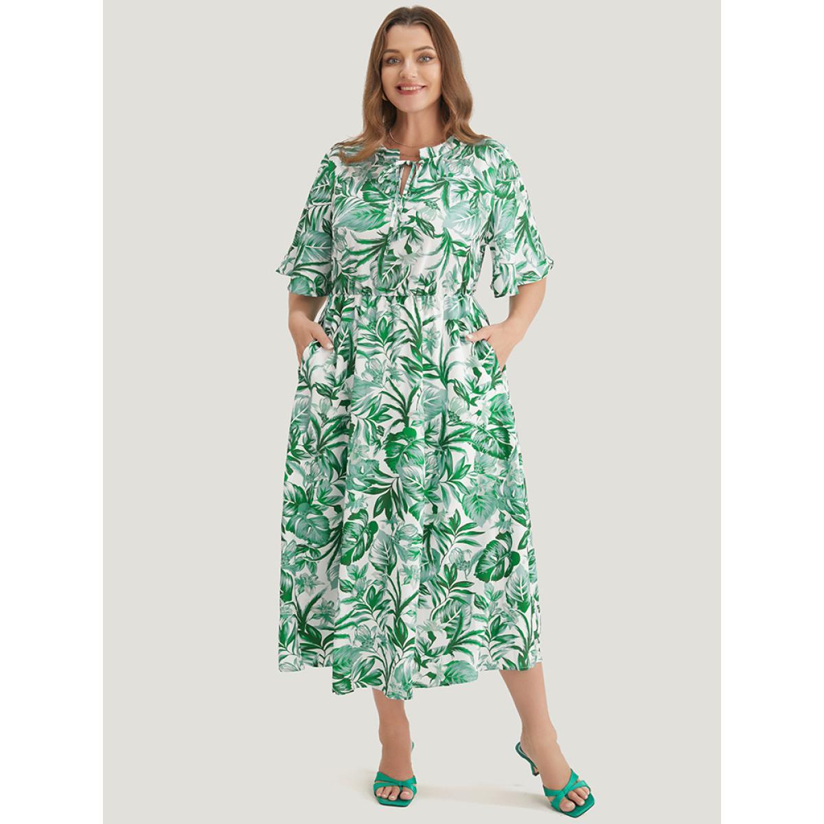 Plus Size Plant Print Pocket Keyhole Tie Neck Frill Trim Flutter Dress Green Women Vacation V-neck Half Sleeve Curvy Midi Dress BloomChic 22-24/3X Product Image
