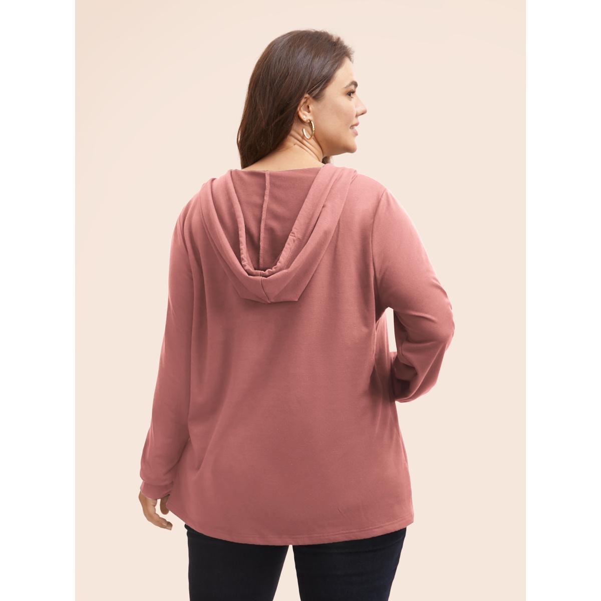 Plus Size Plain Button Up Drawstring Hooded Sweatshirt Women DustyPink Casual Elastic cuffs Hooded Dailywear Sweatshirts BloomChic 18-20/2X Product Image