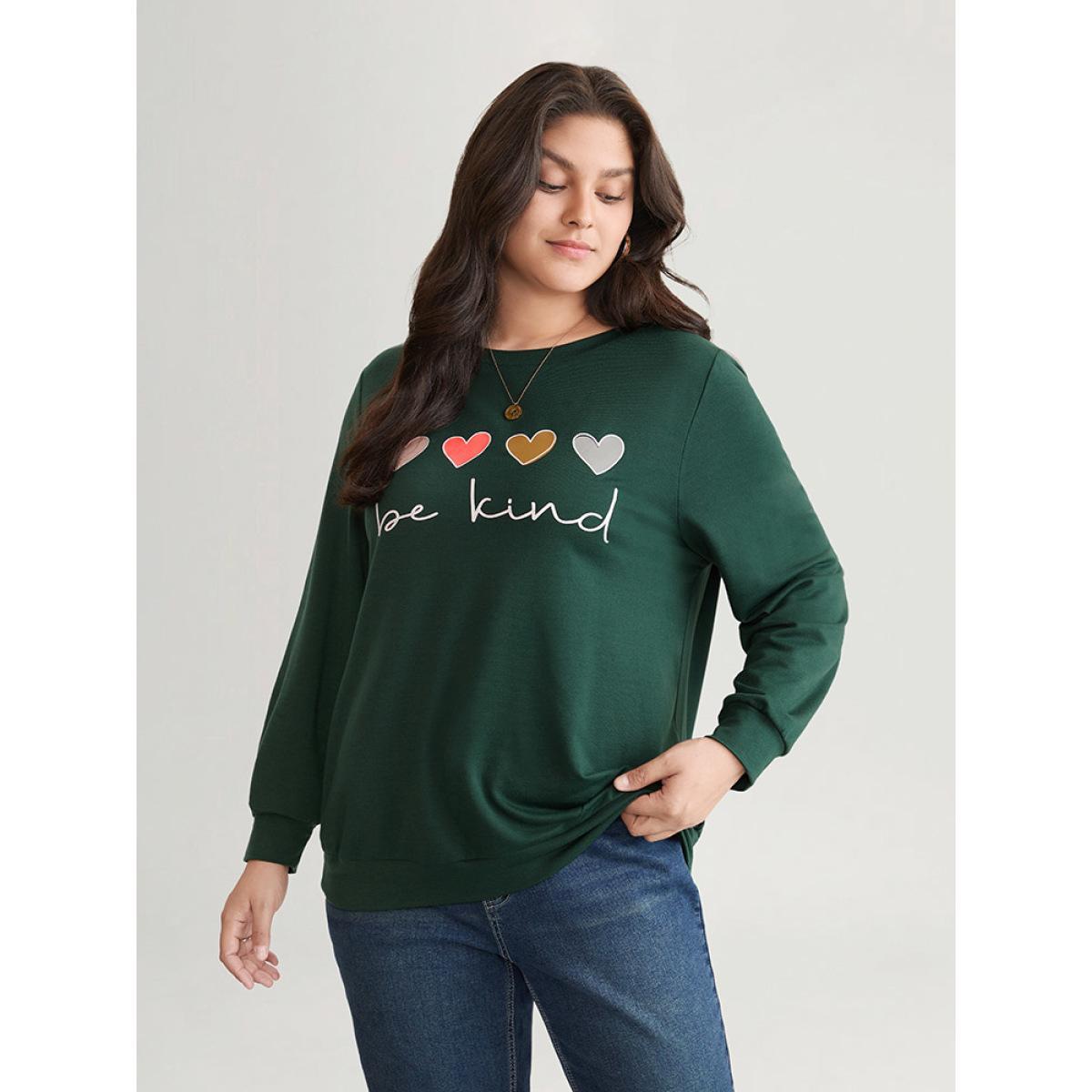 Plus Size Slogans Heart Print Round Neck Sweatshirt Women DarkGreen Casual Printed Dailywear Sweatshirts BloomChic 14-16/1X Product Image