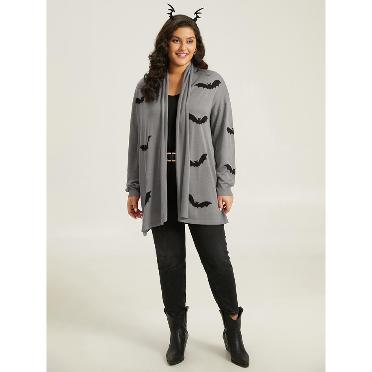 Plus Size Supersoft Essentials Halloween Bat Pattern Lapel Collar Cardigan DarkGray Women Casual Loose Long Sleeve Festival-Halloween Cardigans BloomChic 18-20/2X Product Image