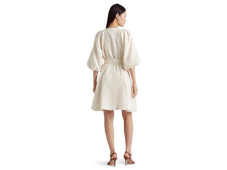 Lauren Ralph Lauren Belted Linen Bubble-Sleeve Dress (Mascarpone Cream) Women's Dress Product Image