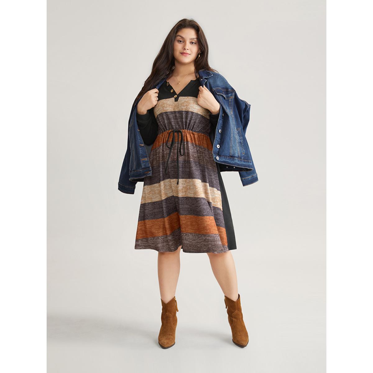 Plus Size Colorblock Striped Pocket Notched Drawstring Dress DarkBrown Women Casual Printed Notched collar Long Sleeve Curvy Midi Dress BloomChic 28/5X Product Image