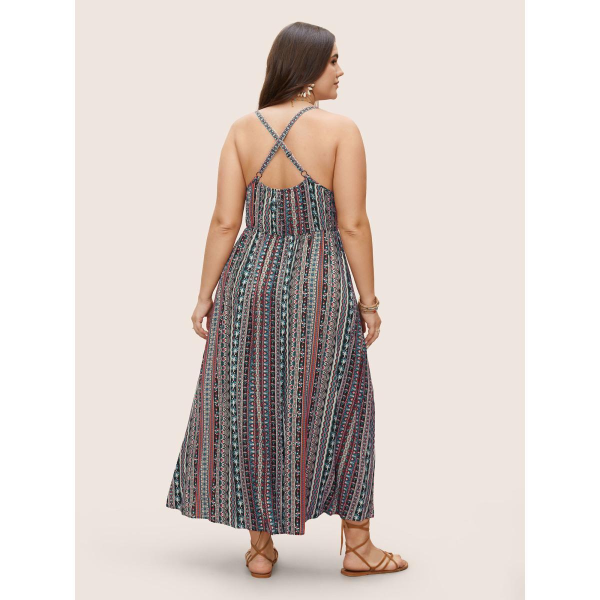 Plus Size Boho Print Elastic Waist Split Hem Cami Dress Black Women Resort Non V-neck Sleeveless Curvy BloomChic 10/M Product Image