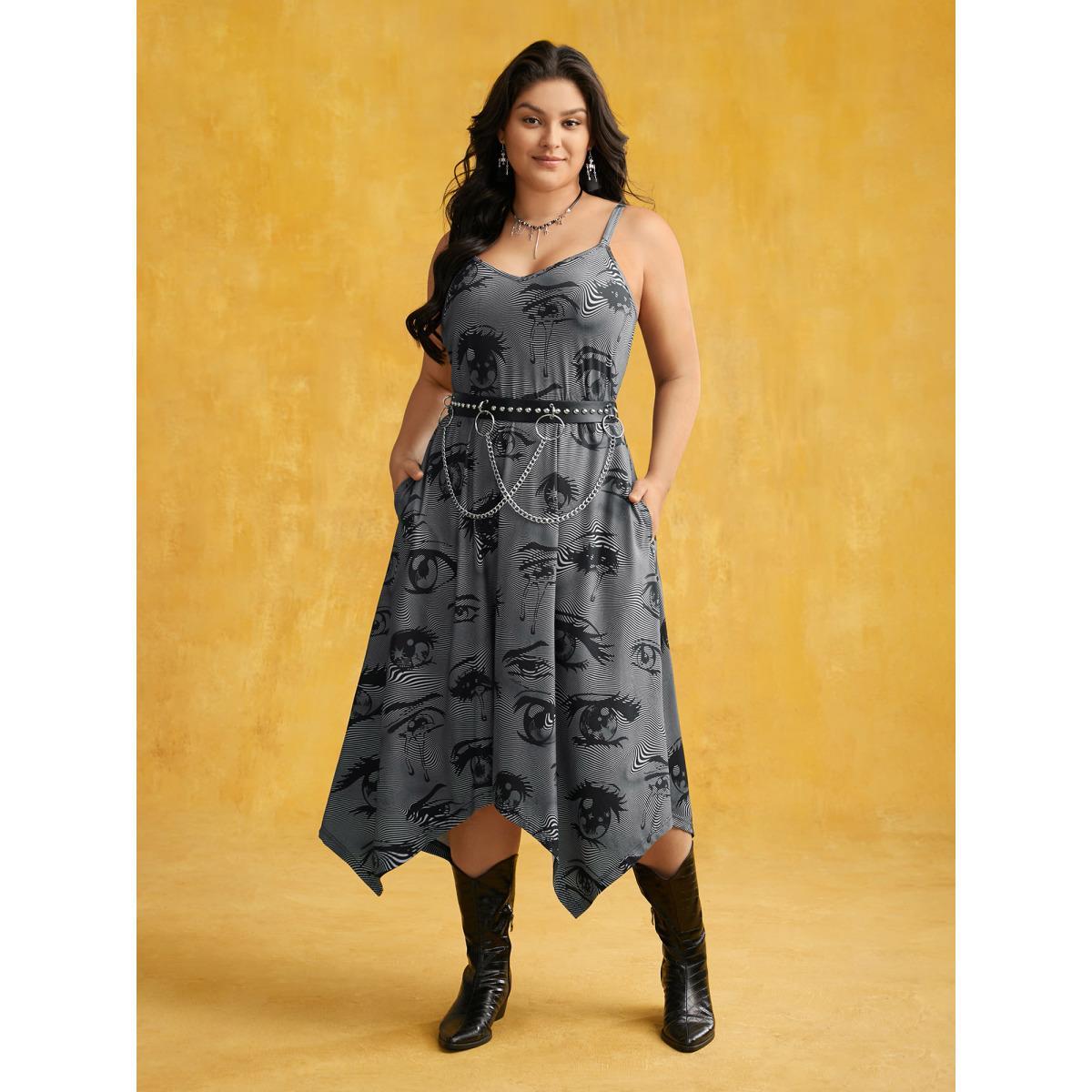 Plus Size Spooky Eye Print Knit Cami Midi Dress Black Women Cocktail Asymmetrical Party Curvy Bloomchic 22-24/3X Product Image