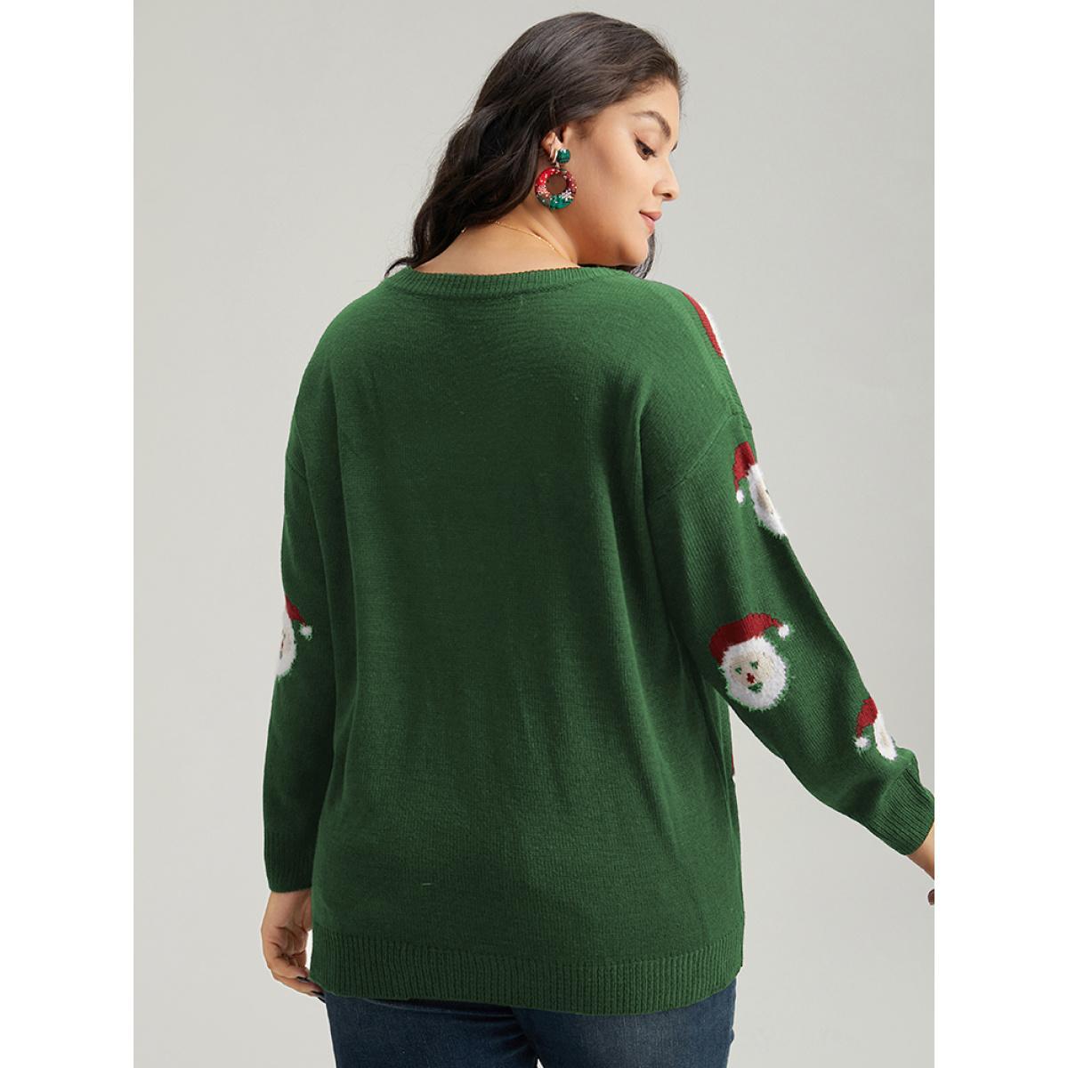 Plus Size Jolly Fellow Motifs Round Neck Pullover DarkGreen Women Casual Long Sleeve Round Neck Festival-Christmas Pullovers BloomChic 30/6X Product Image