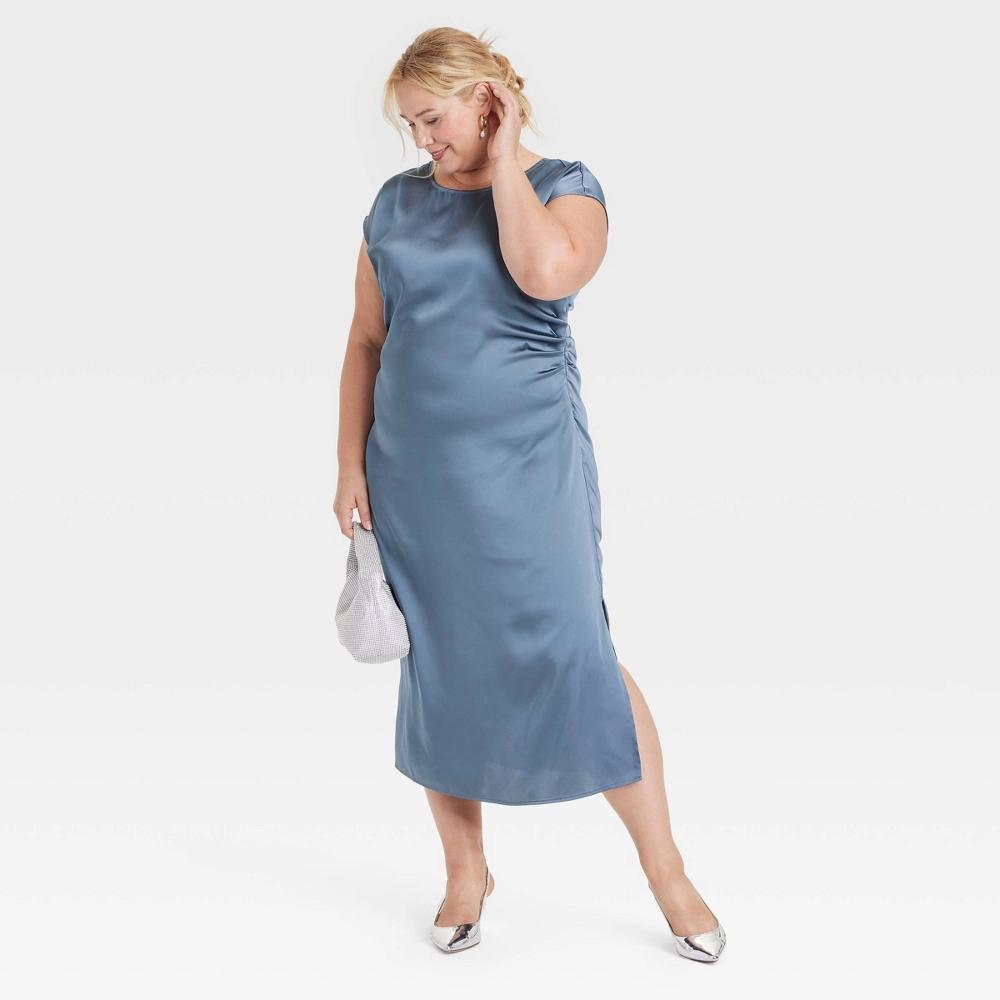 Womens Short Sleeve Ruched Midi Shift Dress - A New Day Blue 2X Product Image