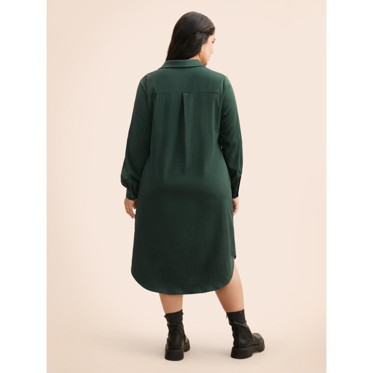 Plus Size Solid Cut Out Ruffle Trim Arc Hem Dress DarkGreen Women Casual Cut-Out Shirt collar Long Sleeve Curvy BloomChic 26/4X Product Image