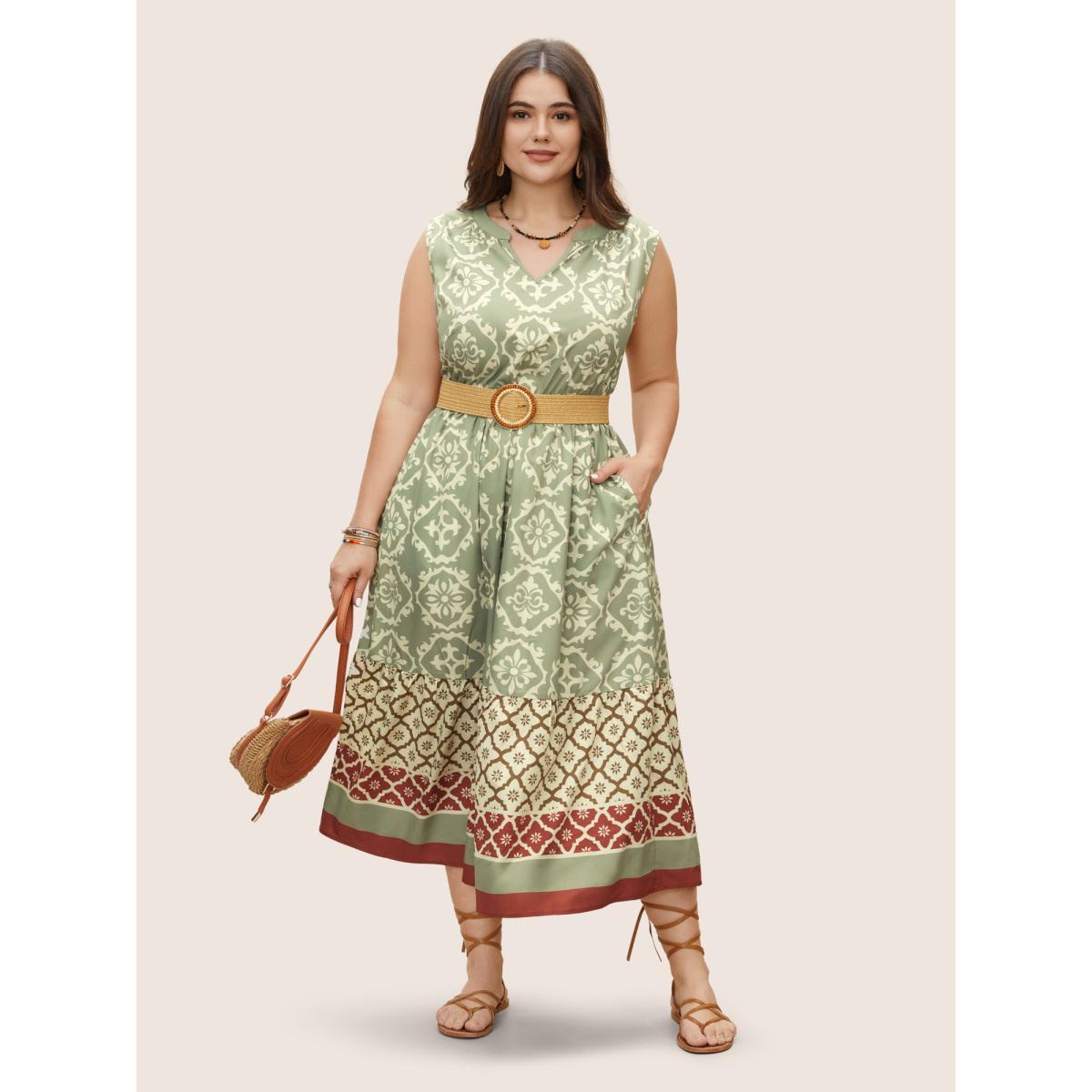 Plus Size Bandana Print Sleeveless Elastic Waist Dress Moss Women Resort Flat collar with V-notch Sleeveless Curvy BloomChic 22-24/3X Product Image