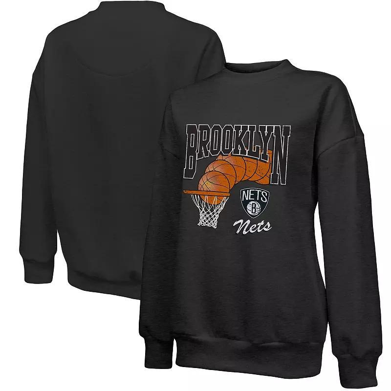 Women's Majestic Threads Black Brooklyn Nets Bank Shot Pullover Tri-Blend Sweatshirt, Size: Medium Product Image