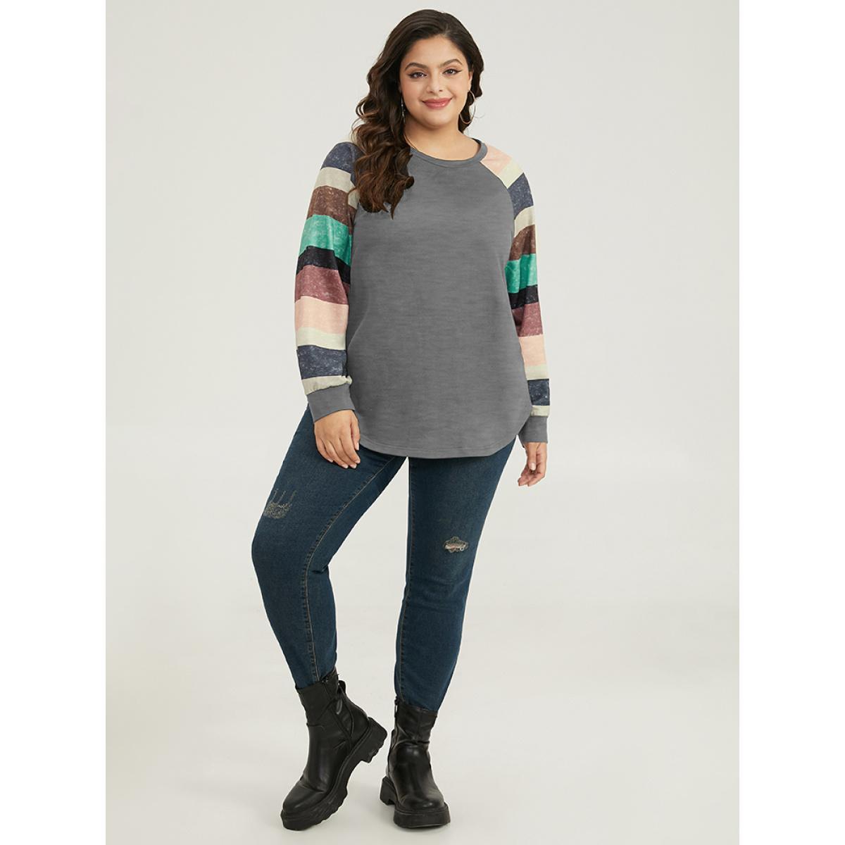 Plus Size Striped Patchwork Contrast Raglan Sleeve Sweatshirt Women Gray Casual Contrast Round Neck Dailywear Sweatshirts BloomChic 14-16/1X Product Image