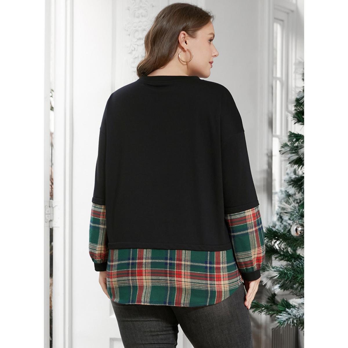 Plus Size Plaid Patchwork Arc Hem Drop Shoulder Sweatshirt Women DarkGreen Elegant Contrast Round Neck Dailywear Sweatshirts BloomChic 26/4X Product Image
