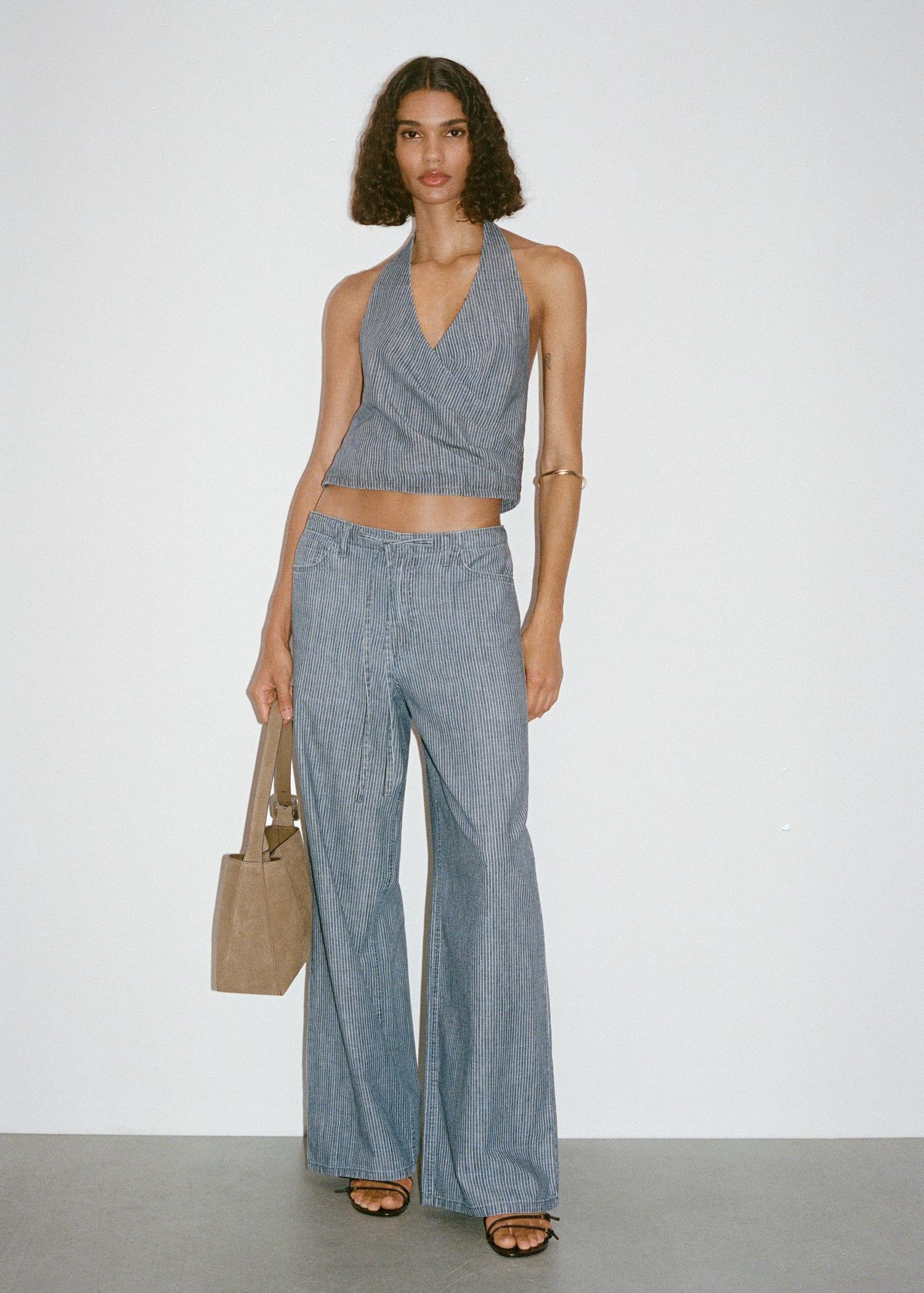 Wide leg denim pants with belt - Women | MANGO USA Product Image