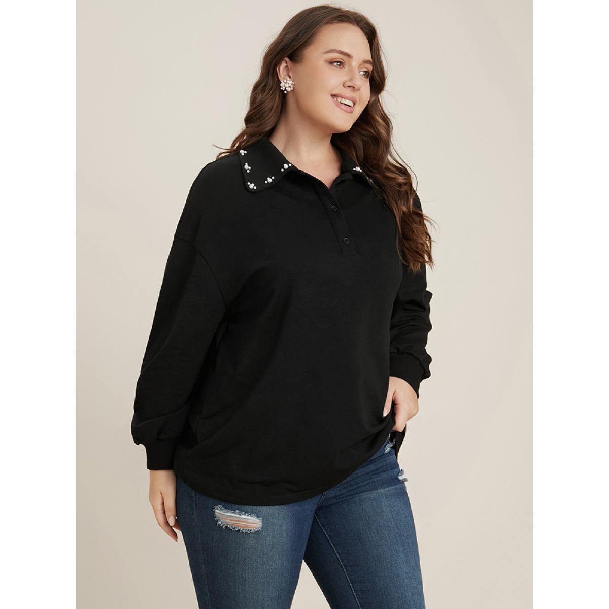 Plus Size Solid Button Up Pearl Beaded Polo Neck Sweatshirt Women Black Elegant Beaded Polo Dailywear Sweatshirts BloomChic 26/4X Product Image