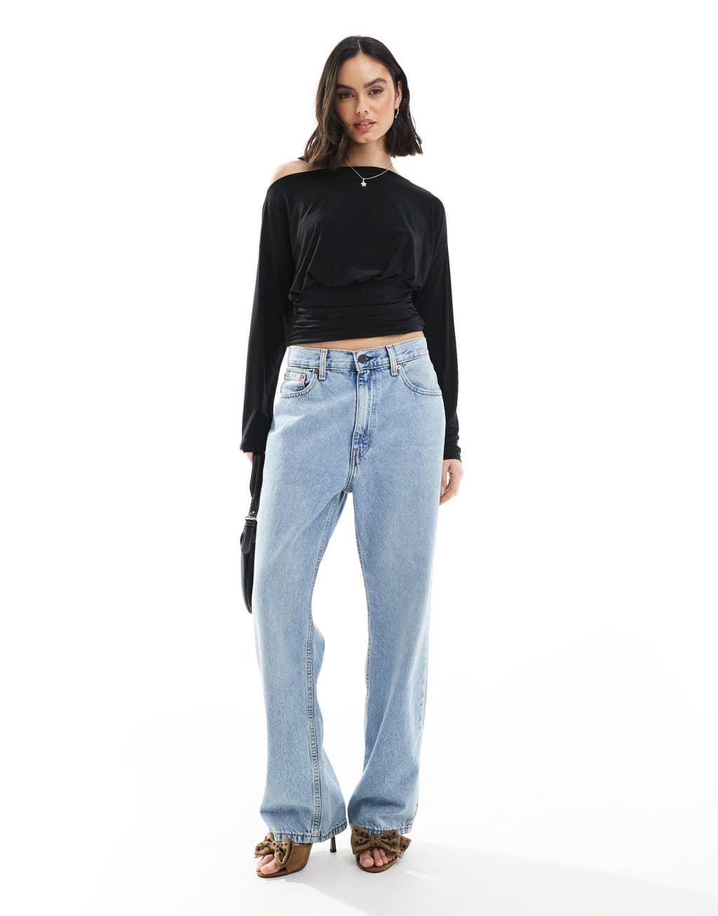 ASOS DESIGN asymmetric one shoulder long sleeve top with cinch waist detail in black Product Image