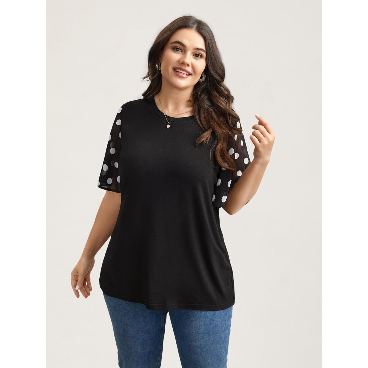 Plus Size Stretchy Sheer Dot Sleeve Textured T-Shirt Black Women Elegant See through Round Neck Everyday T-shirts BloomChic 28/5X Product Image