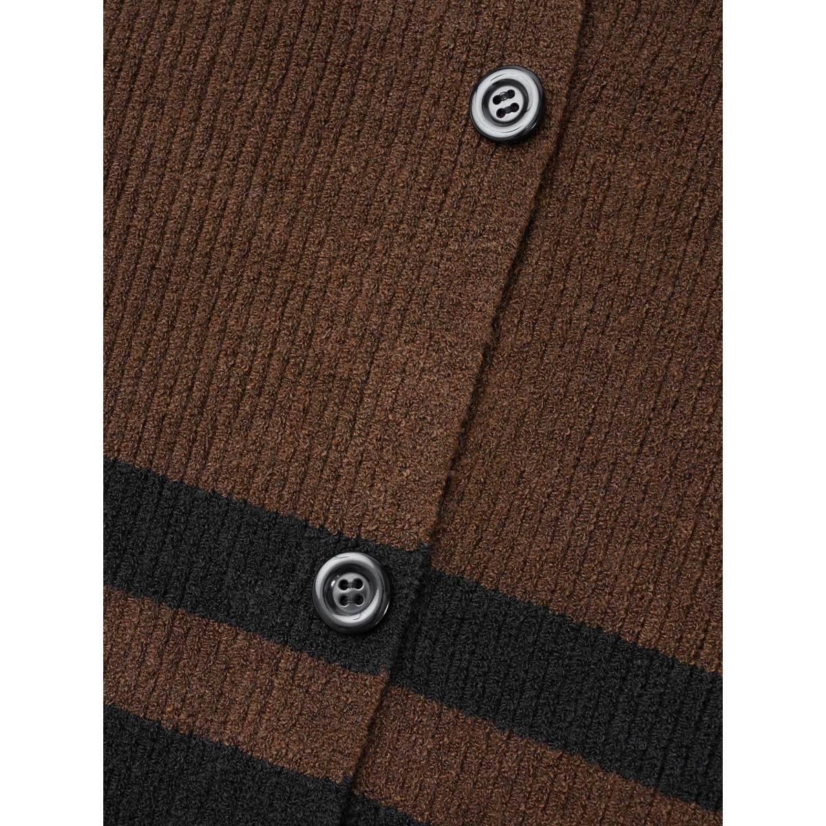 Plus Size Collared Button Front Striped Hem Knit Cardigan DarkBrown Women Casual Loose Long Sleeve Everyday Cardigans BloomChic 18-20/2X Product Image