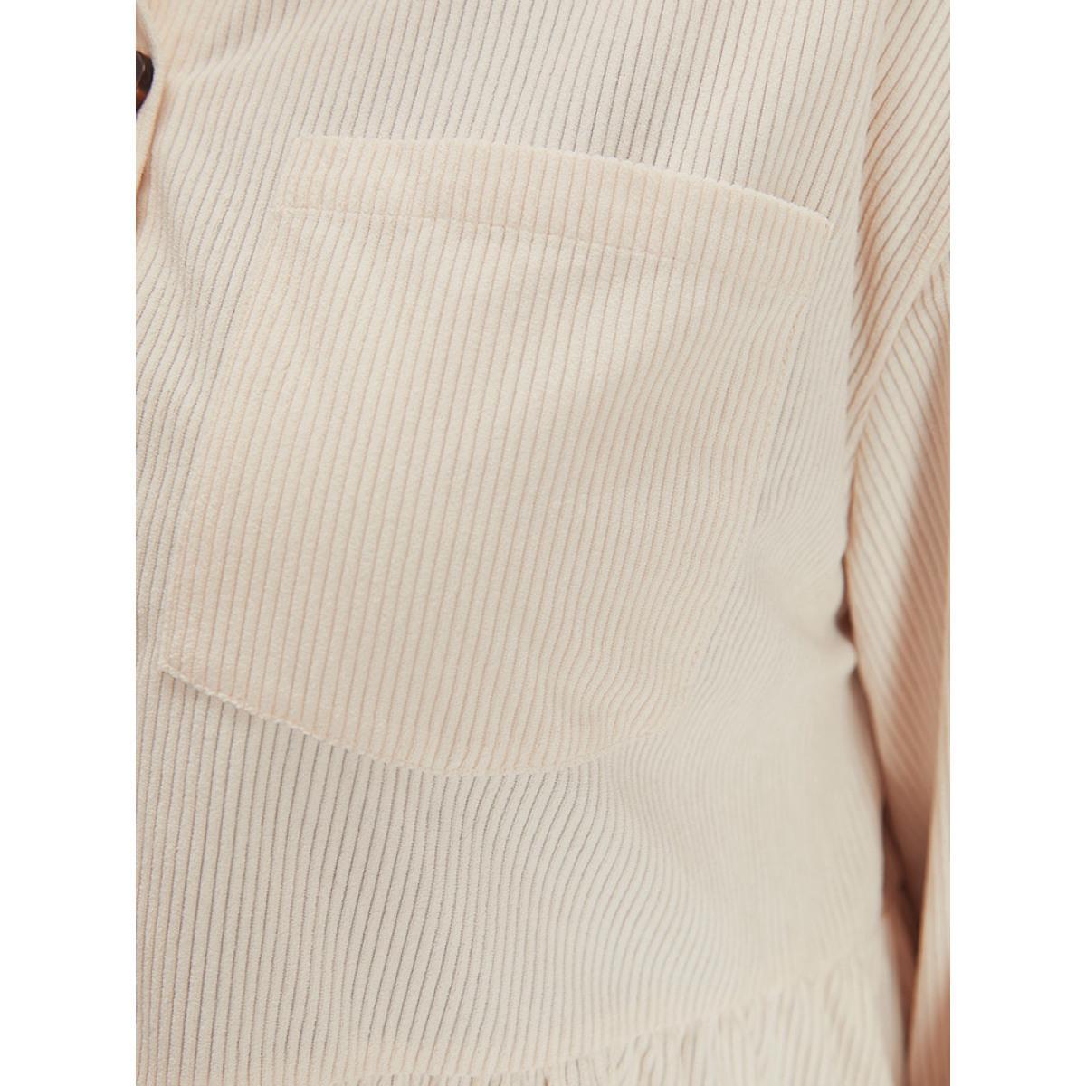 Plus Size Plain Shirt Collar Button Through Ruffle Hem Pocket Coat Women Beige Button Pocket Dailywear Jackets BloomChic 12/L Product Image