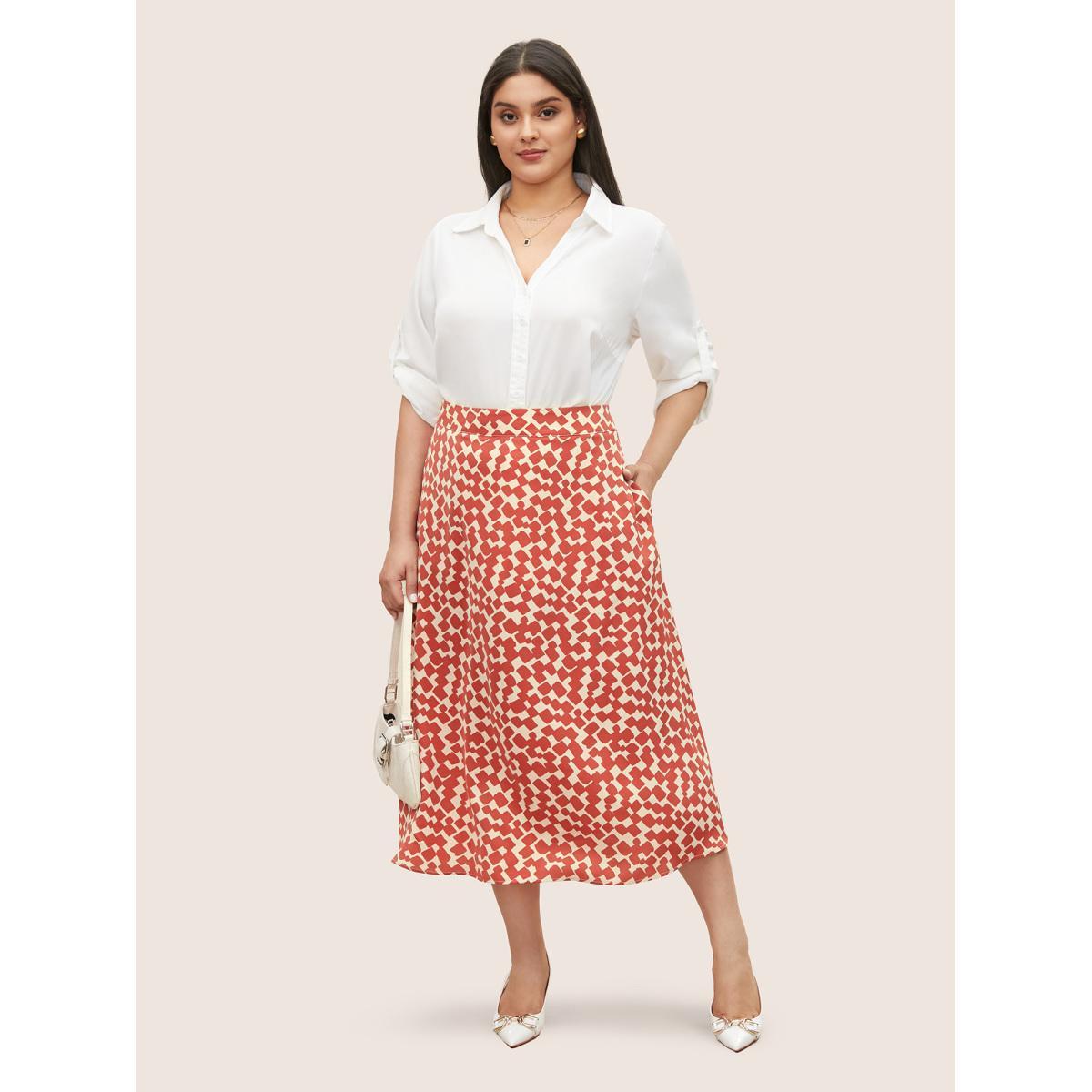 Plus Size Geometric Print Elastic Waist Pocket Midi Skirt Women Raspberry At the Office Non No stretch Slanted pocket Work Skirts BloomChic 22-24/3X Product Image