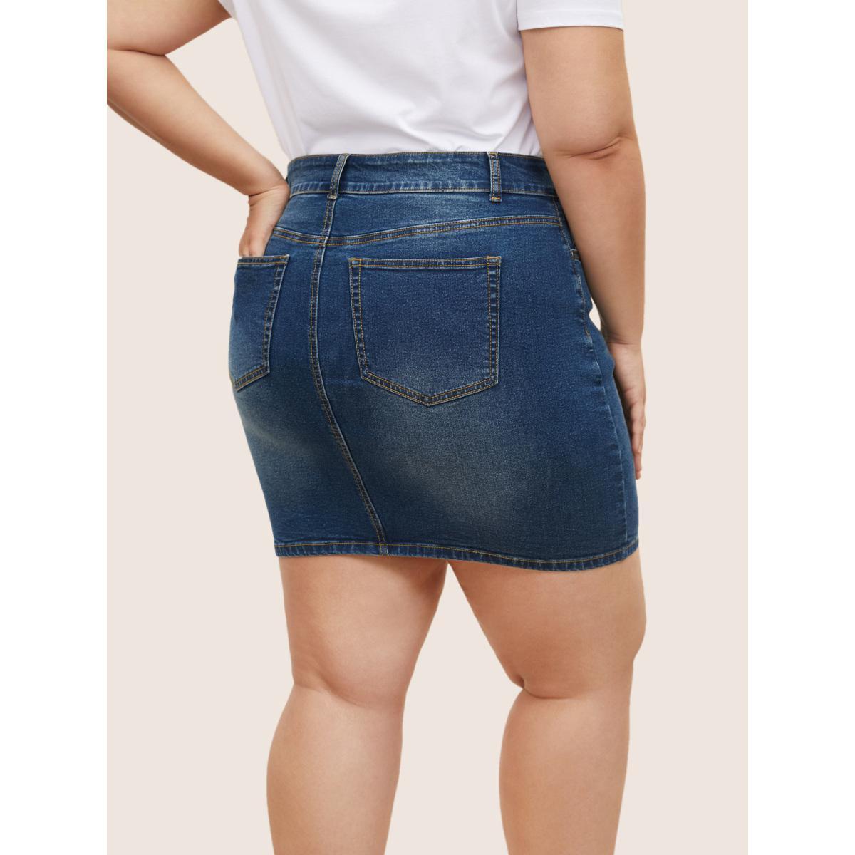 Plus Size Vintage Dark Wash Button Up Bodycon Denim Skirt Women Blue Everyday Non High stretch Dark Wash 10/M Slanted pocket Elegant Denim Skirts BloomChic Product Image
