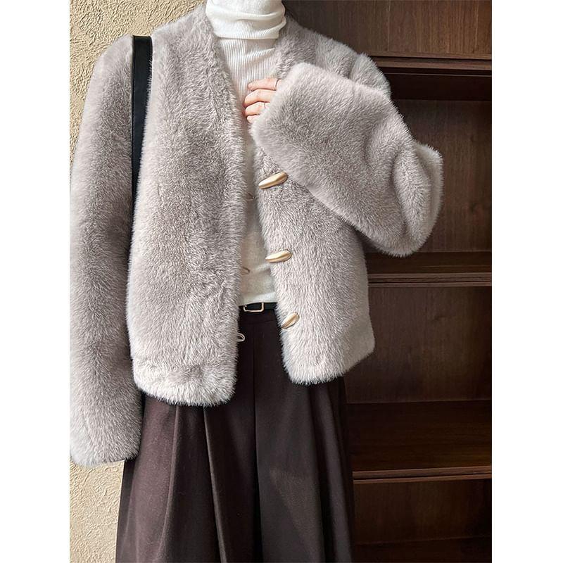 V-Neck Plain Faux Fur Toggle Jacket Product Image
