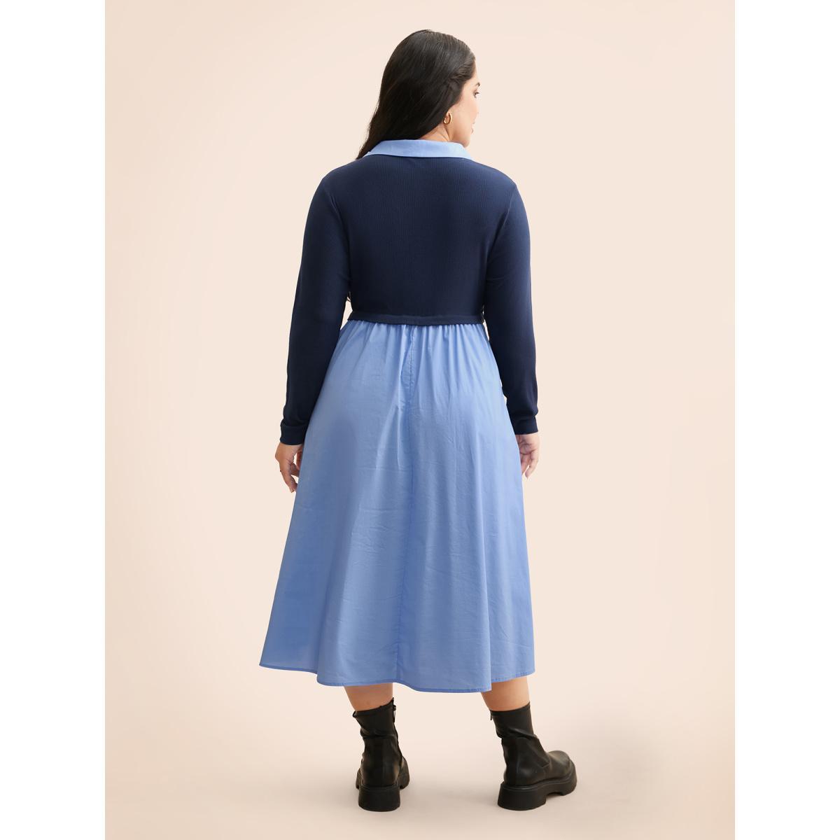 Plus Size 2-In-1 Contrast Patchwork Pleated Dress Indigo Women Elegant Texture Suit Collar Long Sleeve Curvy BloomChic 26/4X Product Image