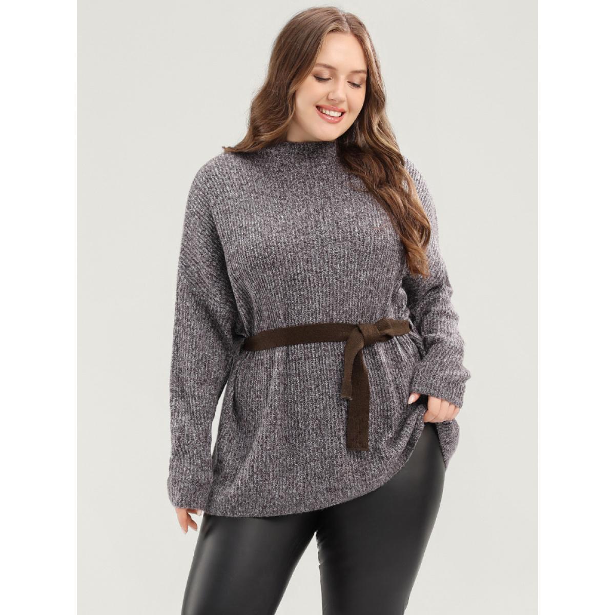 Plus Size Solid Pointelle Knit Mock Neck Belted Heather Knit Top Brown Women Casual Long Sleeve Mock Neck Dailywear Pullovers BloomChic 26/4X Product Image
