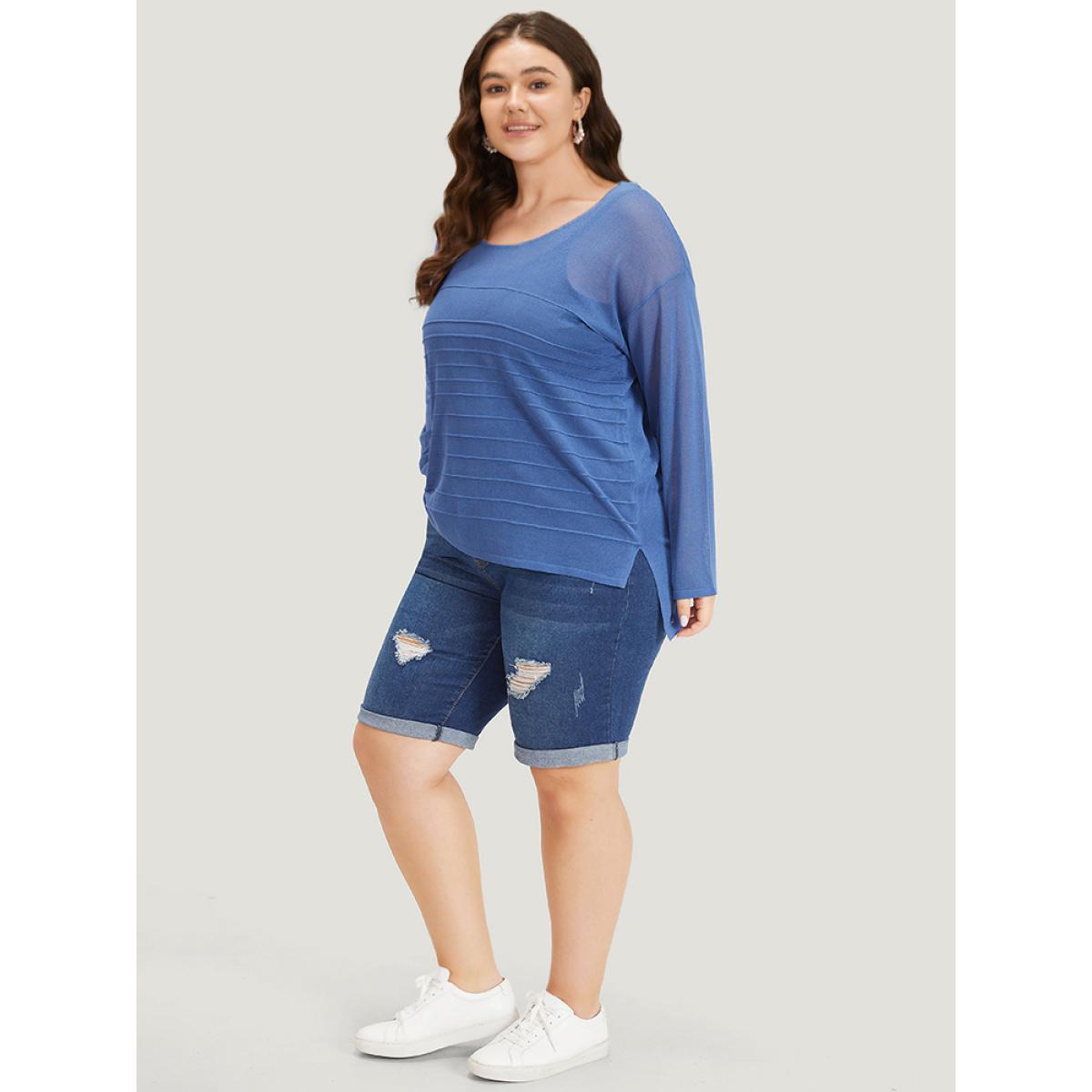Plus Size Solid High Low Hem Drop Shoulder Split Side Pullover Cerulean Women Casual Loose Long Sleeve Round Neck Everyday Pullovers BloomChic 26/4X Product Image