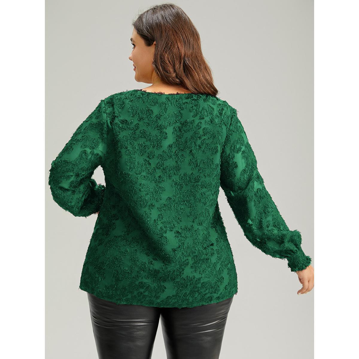Plus Size DarkGreen Plain Appliques Mesh V Neck Shirred Blouse Women Glamour Long Sleeve V-neck Festival-Christmas Blouses BloomChic 28/5X Product Image