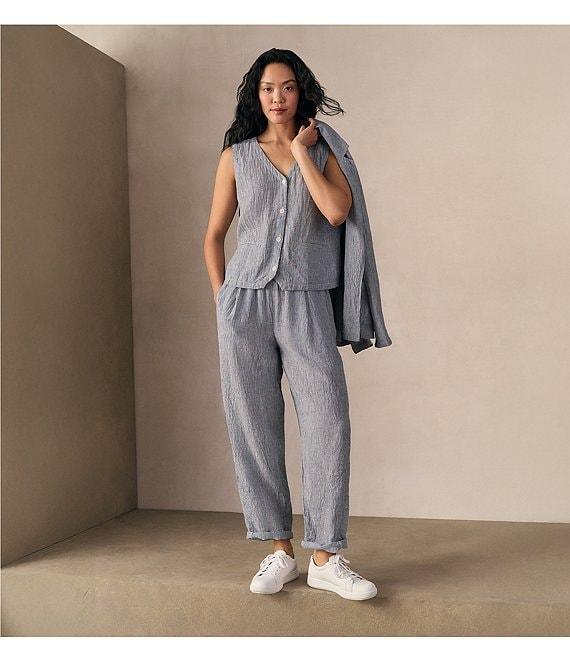 Eileen Fisher Petite Puckered Organic Linen Yarn-Dyed Stripe Elastic Waist Pull-On Pants Product Image