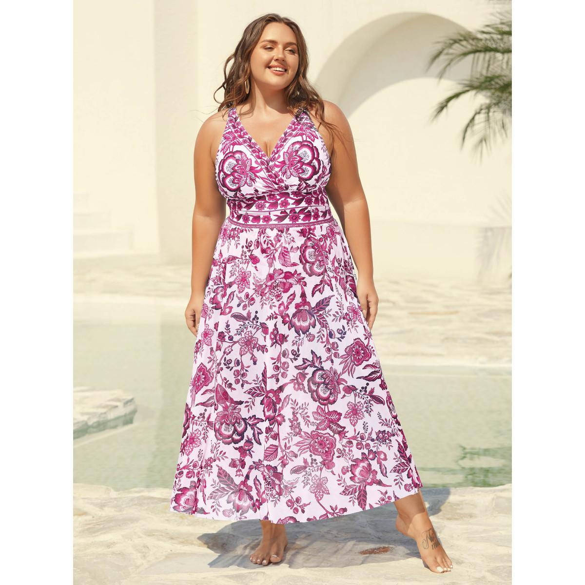 Plus Size Two-Piece Floral Print Ruched Mesh Swimsuit, Sarong Women's Swimwear Rosered Beach Gathered Curve Bathing Suits High stretch One Pieces BloomChic 14-16/1X Product Image