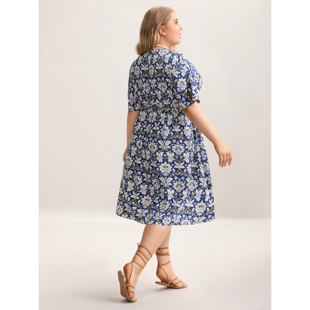 Plus Size Boho Print Shirred Surplice Neck Midi Dress DarkBlue Women Resort Non Overlap Collar Half Sleeve Curvy BloomChic 14-16/1X Product Image