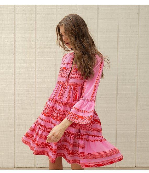 ELAN Arrow Print Split V-Neck 3/4 Bell Sleeve Babydoll Dress Product Image