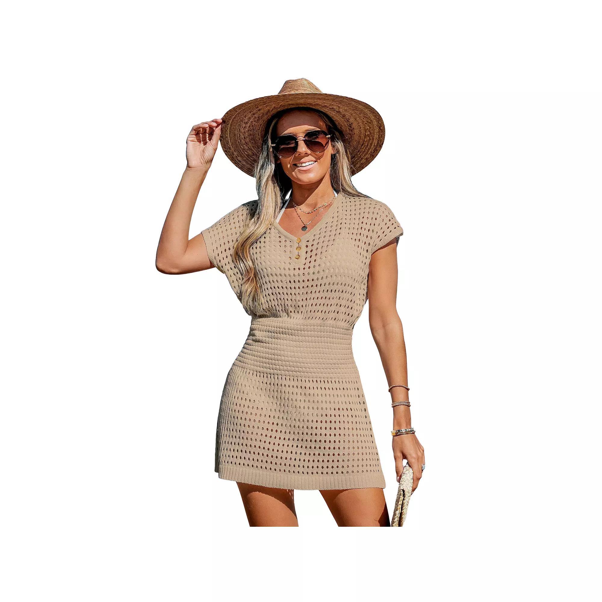 Women's Cupshe Sheer Cutout Smocked Cover-Up Dress, Size: Medium, Neutral Product Image