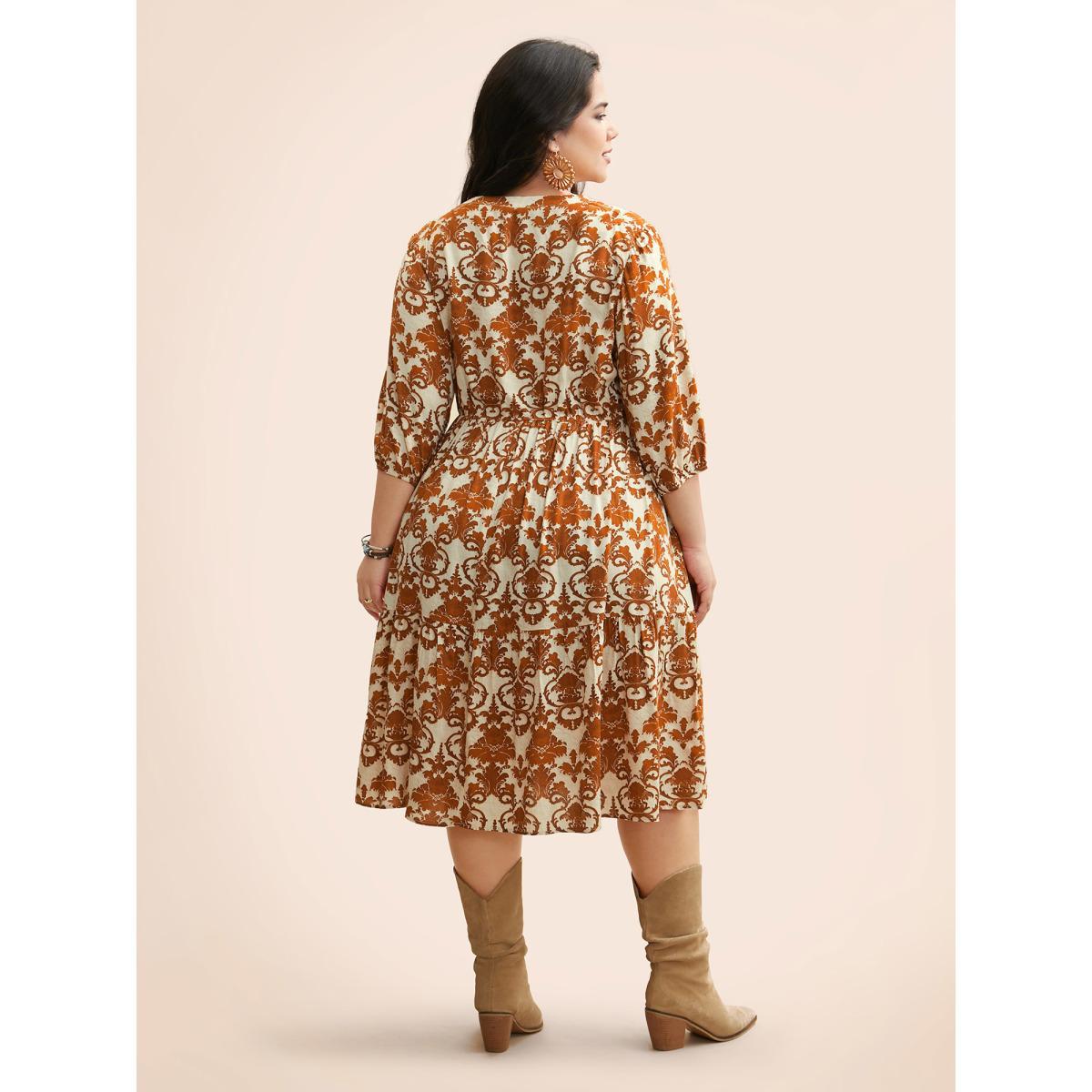 Plus Size Damask Print Tie Knot Puff Sleeve Dress Russet Women Resort Tie knot V-neck Elbow-length sleeve Curvy BloomChic 26/4X Product Image