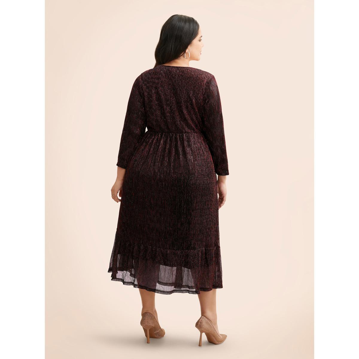 Plus Size Luxe Mesh Pleated Elastic Waist Wrap Dress DarkBlue Women Party Texture Overlap Collar Elbow-length sleeve Curvy Midi Dress BloomChic 28/5X Product Image