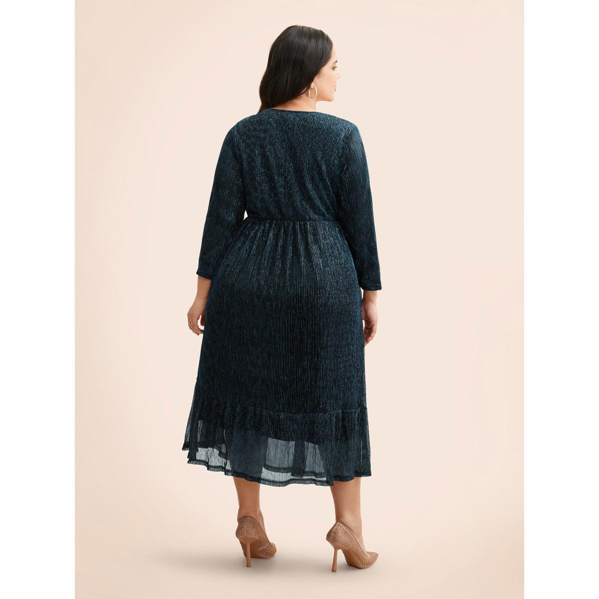 Plus Size Luxe Mesh Pleated Elastic Waist Wrap Dress DarkBlue Women Party Texture Overlap Collar Elbow-length sleeve Curvy Midi Dress BloomChic 28/5X Product Image