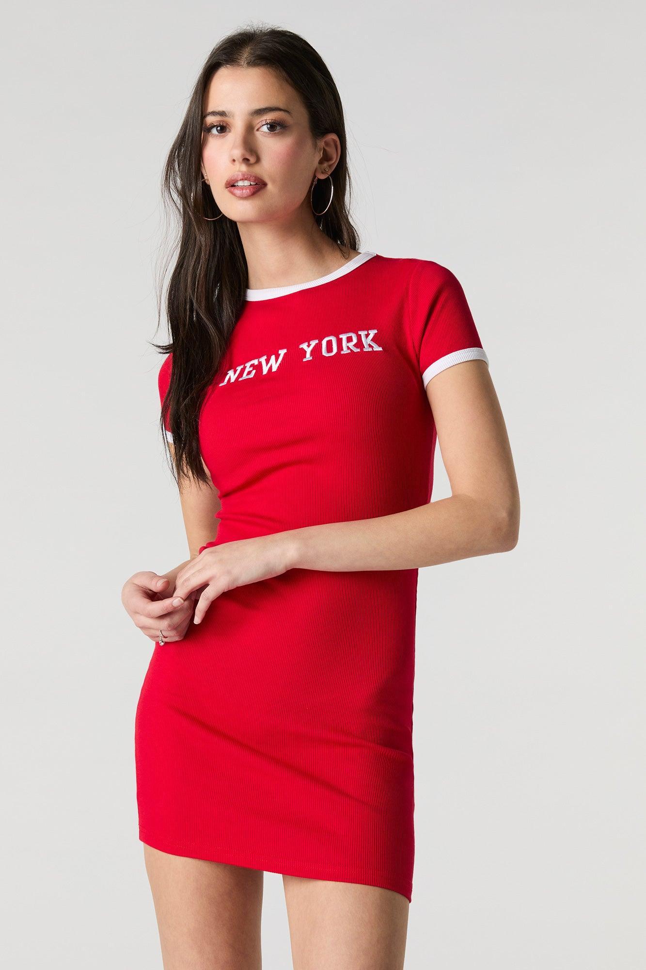 Embroidered Ribbed Mini T-Shirt Dress Female Product Image