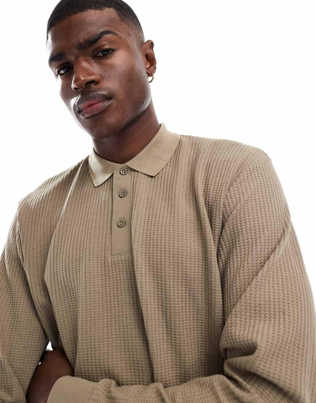 Jack & Jones knit long sleeve textured polo in beige Product Image