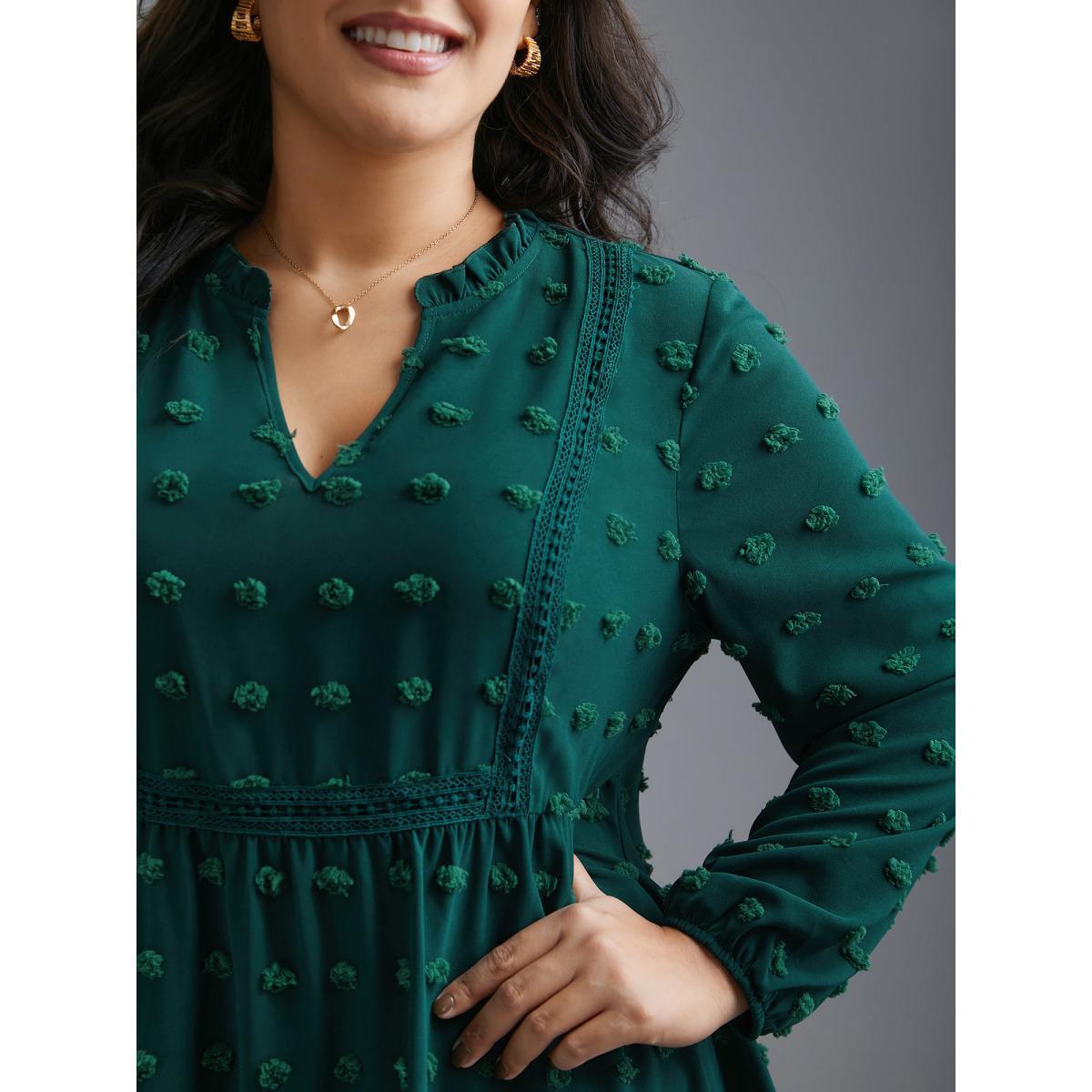 Plus Size DarkGreen Notched Collar Ruffle Trim Textured Blouse Women Elegant Extra Long Sleeve V-neck Everyday Blouses BloomChic 30/6X Product Image
